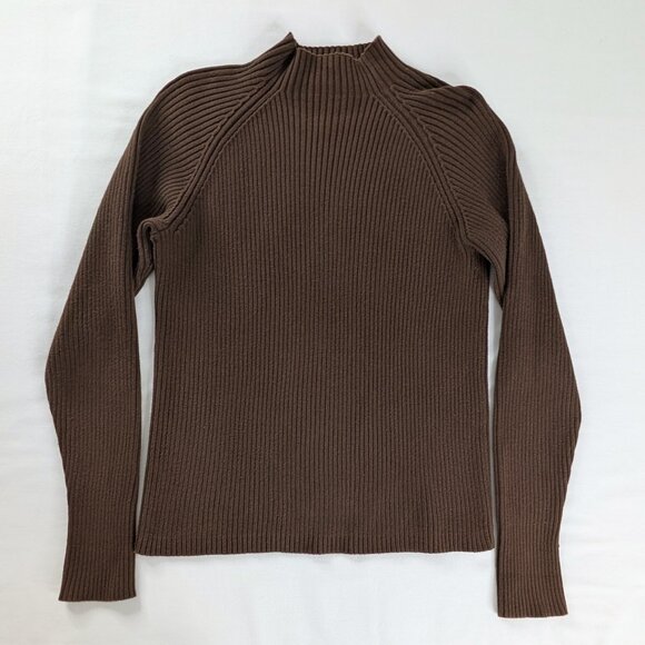 VTG Brown Ribbed Knit Mock Neck 90s Y2k Knit Cotton Sweater - Picture 1 of 5